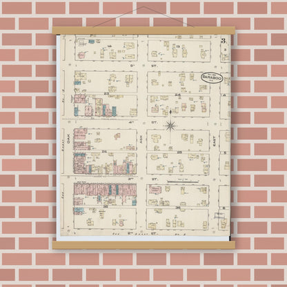 Old map wall art mockup — magnetic wood frame on brick wall — Sanborn Fire Insurance Map from Baraboo, Sauk County, Wisconsin (1885), Sheet #0003