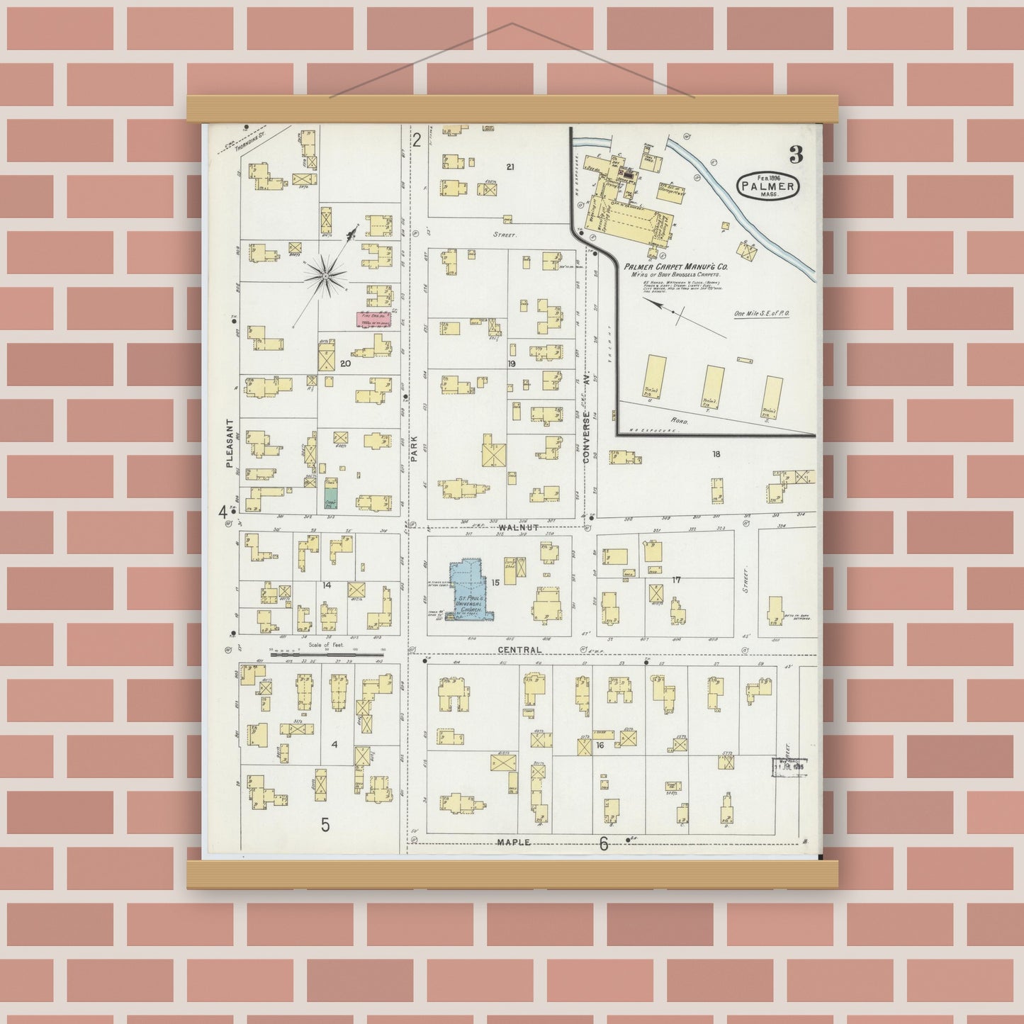 Old map wall art mockup — magnetic wood frame on brick wall — Sanborn Fire Insurance Map from Palmer, Hampden County, Massachusetts (1896), Sheet #0003