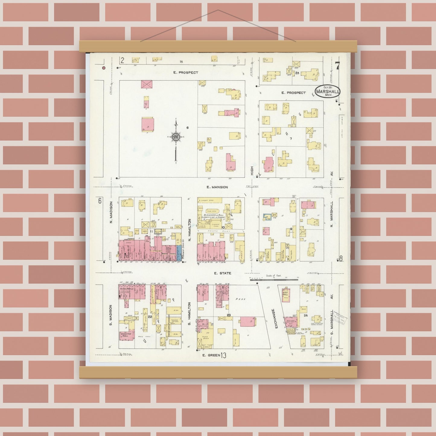 Old map wall art mockup — magnetic wood frame on brick wall — Sanborn Fire Insurance Map from Marshall, Calhoun County, Michigan (1911), Sheet #0007