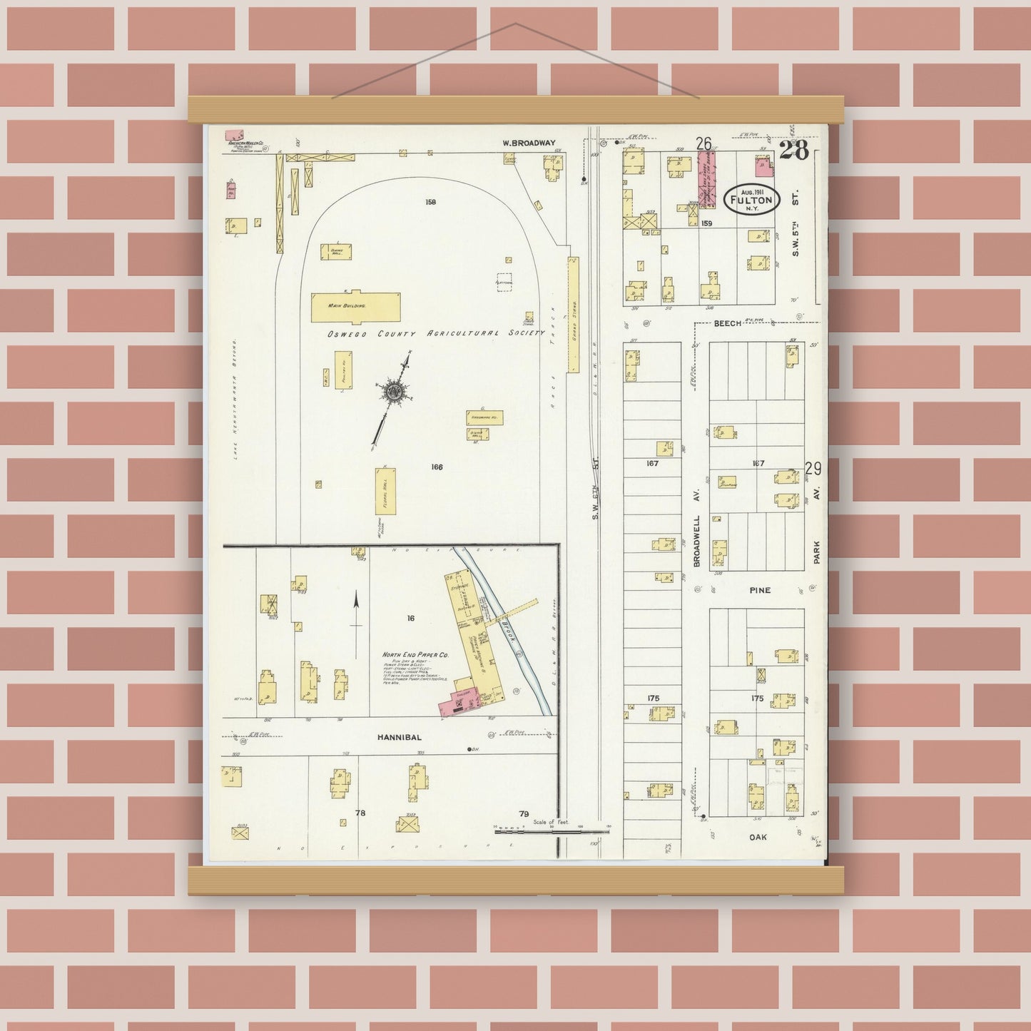Old map wall art mockup — magnetic wood frame on brick wall — Sanborn Fire Insurance Map from Fulton, Oswego County, New York (1911), Sheet #0028
