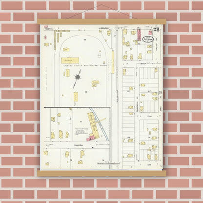 Old map wall art mockup — magnetic wood frame on brick wall — Sanborn Fire Insurance Map from Fulton, Oswego County, New York (1911), Sheet #0028