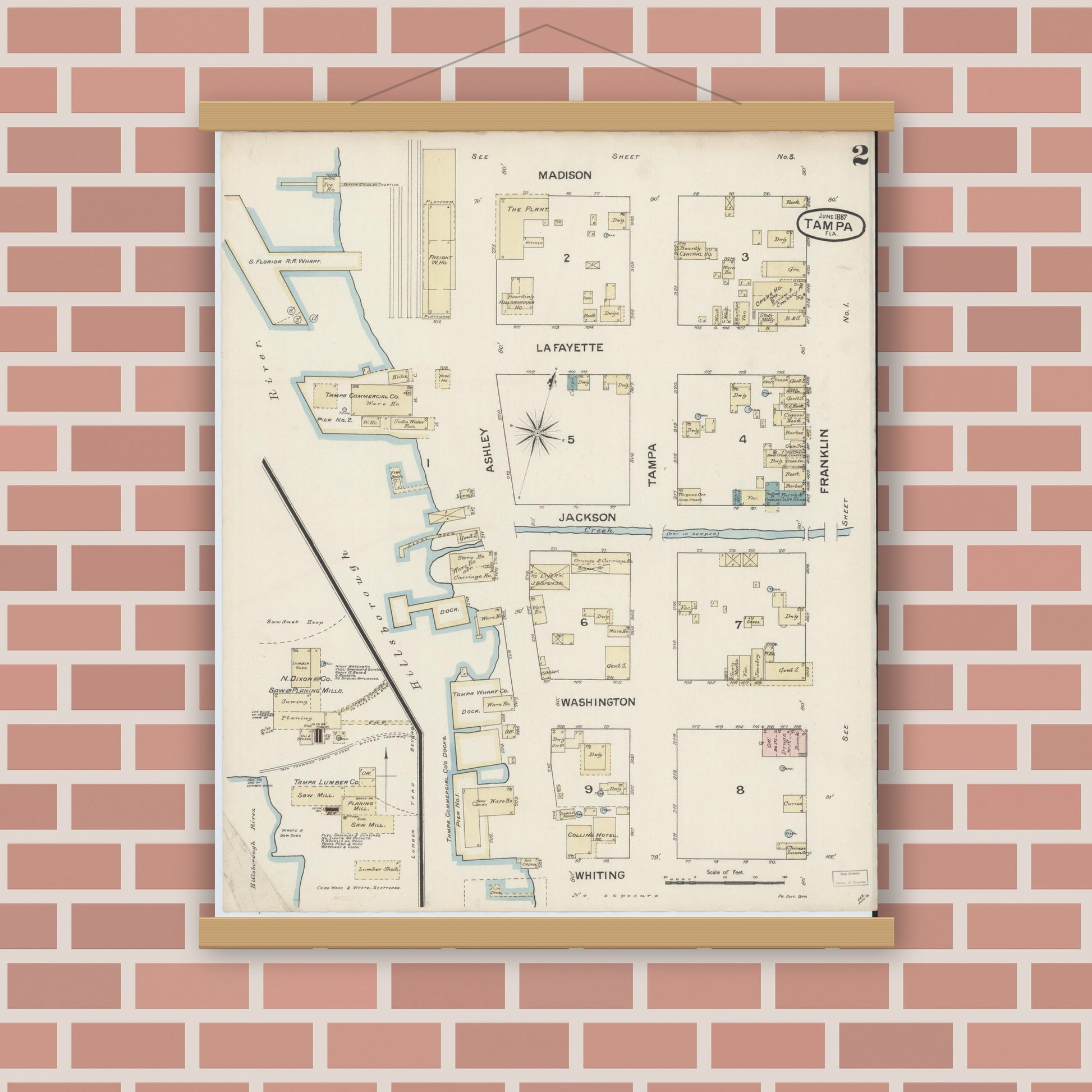 Old map wall art mockup — magnetic wood frame on brick wall — Sanborn Fire Insurance Map from Tampa, Hillsborough County, Florida (1887), Sheet #0002