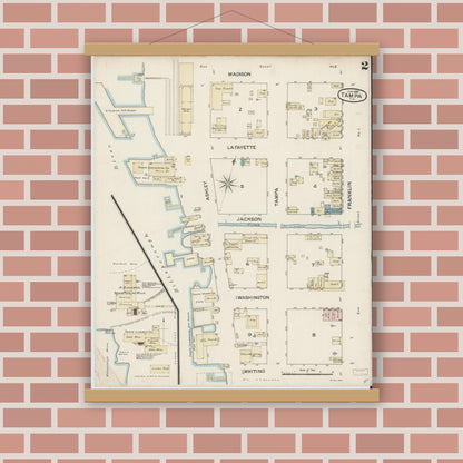 Old map wall art mockup — magnetic wood frame on brick wall — Sanborn Fire Insurance Map from Tampa, Hillsborough County, Florida (1887), Sheet #0002