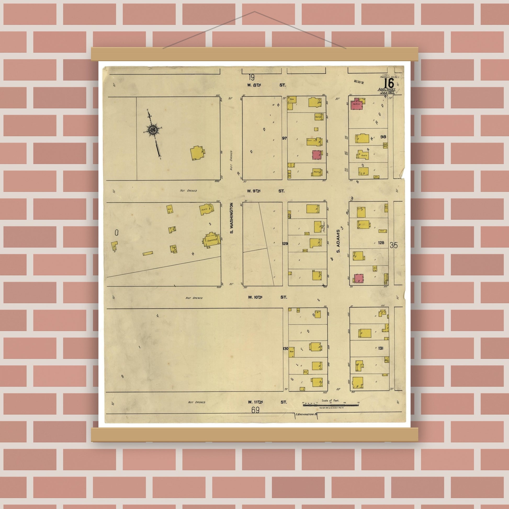 Old map wall art mockup — magnetic wood frame on brick wall — Sanborn Fire Insurance Map from Amarillo, Potter County, Texas (1922), Sheet #0001