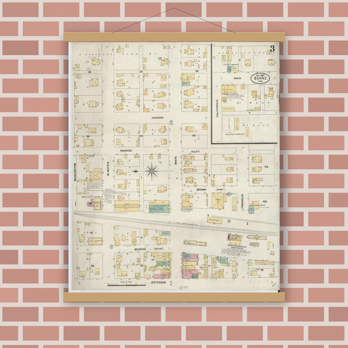 Old map wall art mockup — magnetic wood frame on brick wall — Sanborn Fire Insurance Map from Berne, Adams County, Indiana (1907), Sheet #0003