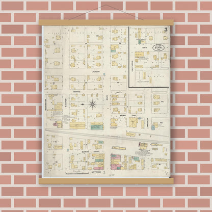 Old map wall art mockup — magnetic wood frame on brick wall — Sanborn Fire Insurance Map from Berne, Adams County, Indiana (1907), Sheet #0003