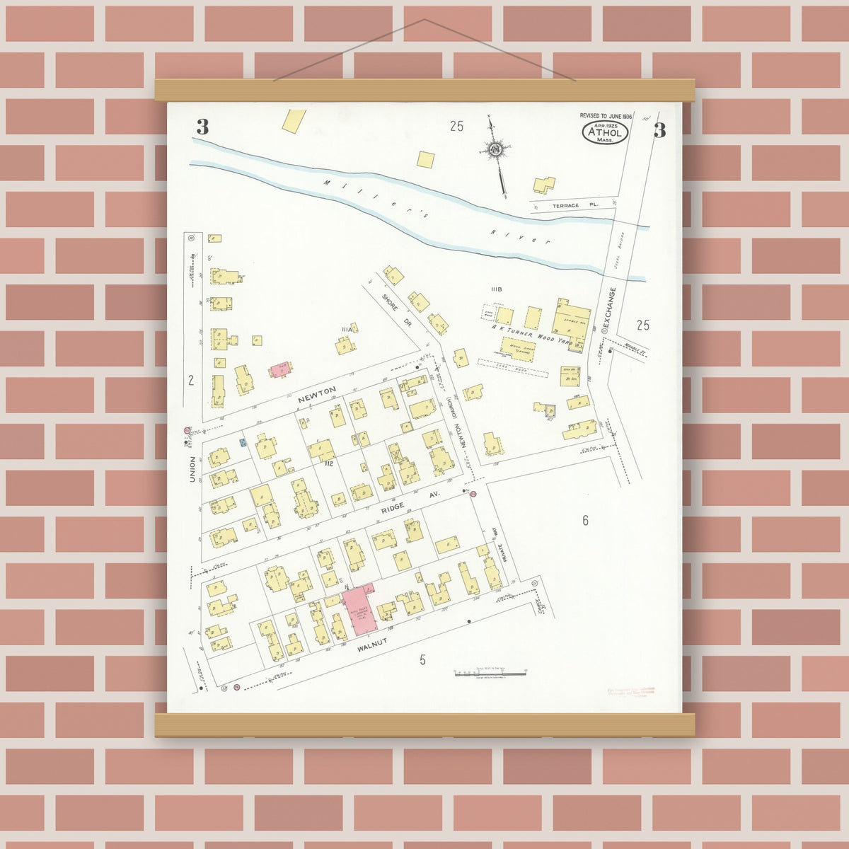 Old map wall art mockup — magnetic wood frame on brick wall — Sanborn Fire Insurance Map from Athol, Worcester County, Massachusetts (1936), Sheet #0003