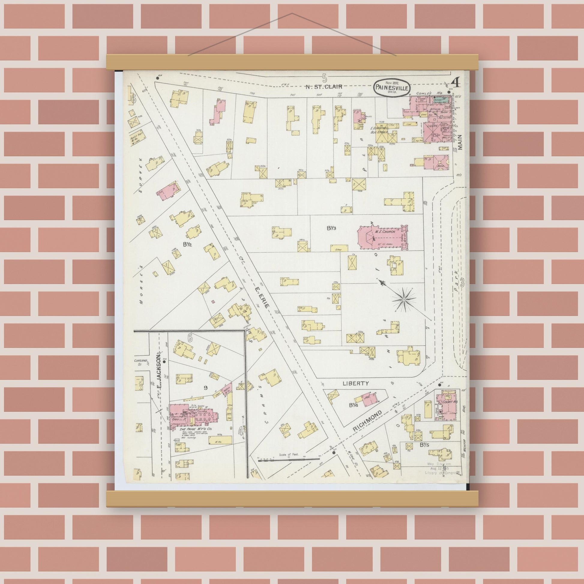 Old map wall art mockup — magnetic wood frame on brick wall — Sanborn Fire Insurance Map from Painesville, Lake County, Ohio (1892), Sheet #0004