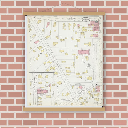 Old map wall art mockup — magnetic wood frame on brick wall — Sanborn Fire Insurance Map from Painesville, Lake County, Ohio (1892), Sheet #0004
