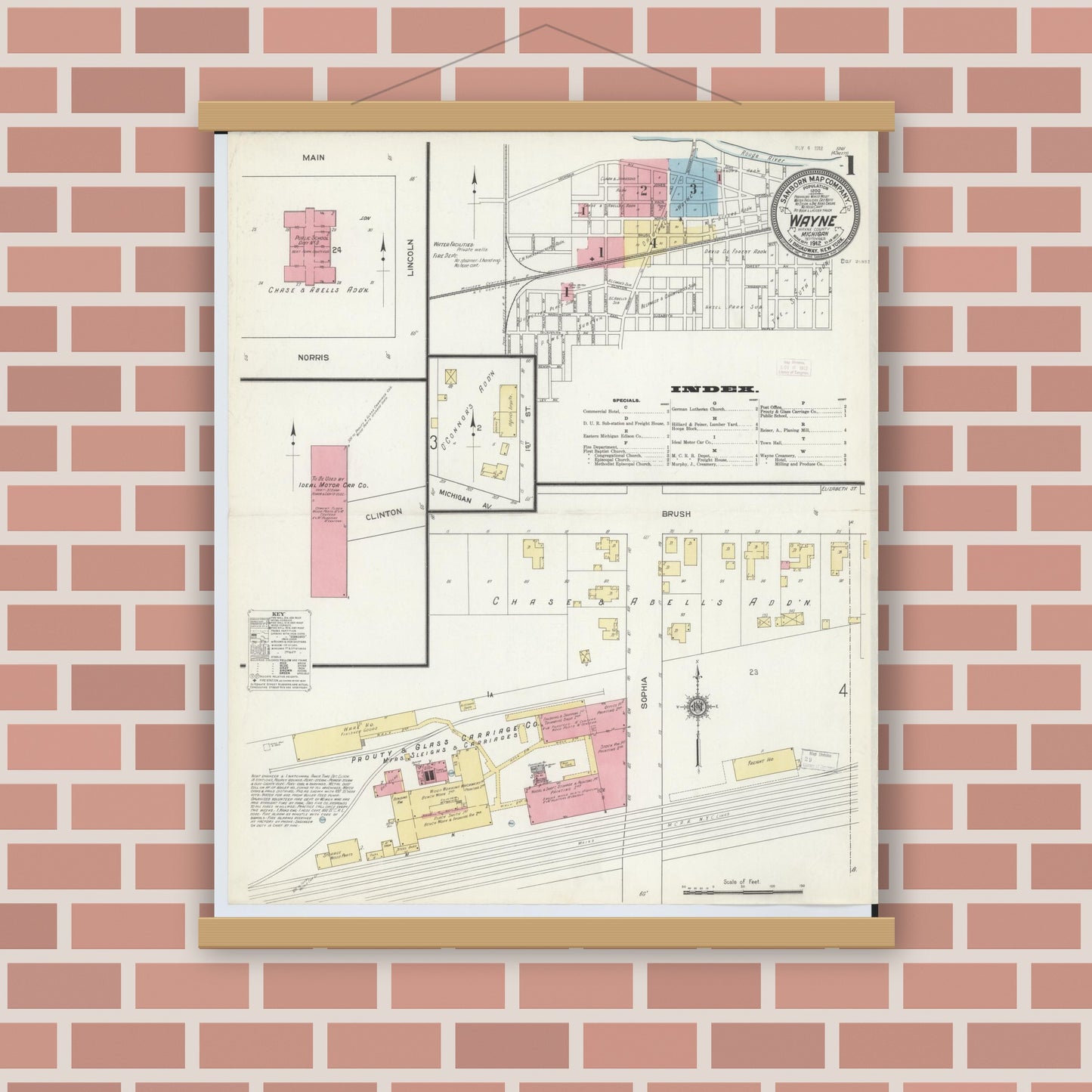 Old map wall art mockup — magnetic wood frame on brick wall — Sanborn Fire Insurance Map from Wayne, Wayne County, Michigan (1912), Sheet #0001