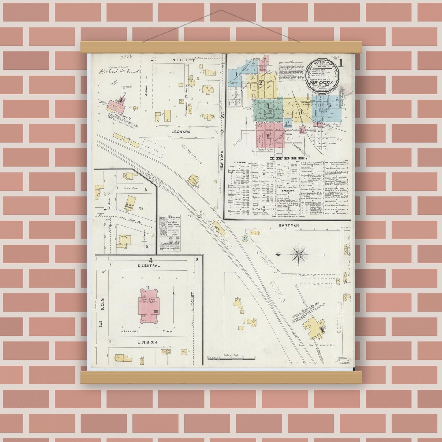 Old map wall art mockup — magnetic wood frame on brick wall — Sanborn Fire Insurance Map from New Castle, Henry County, Indiana (1896) - Complete Map Set