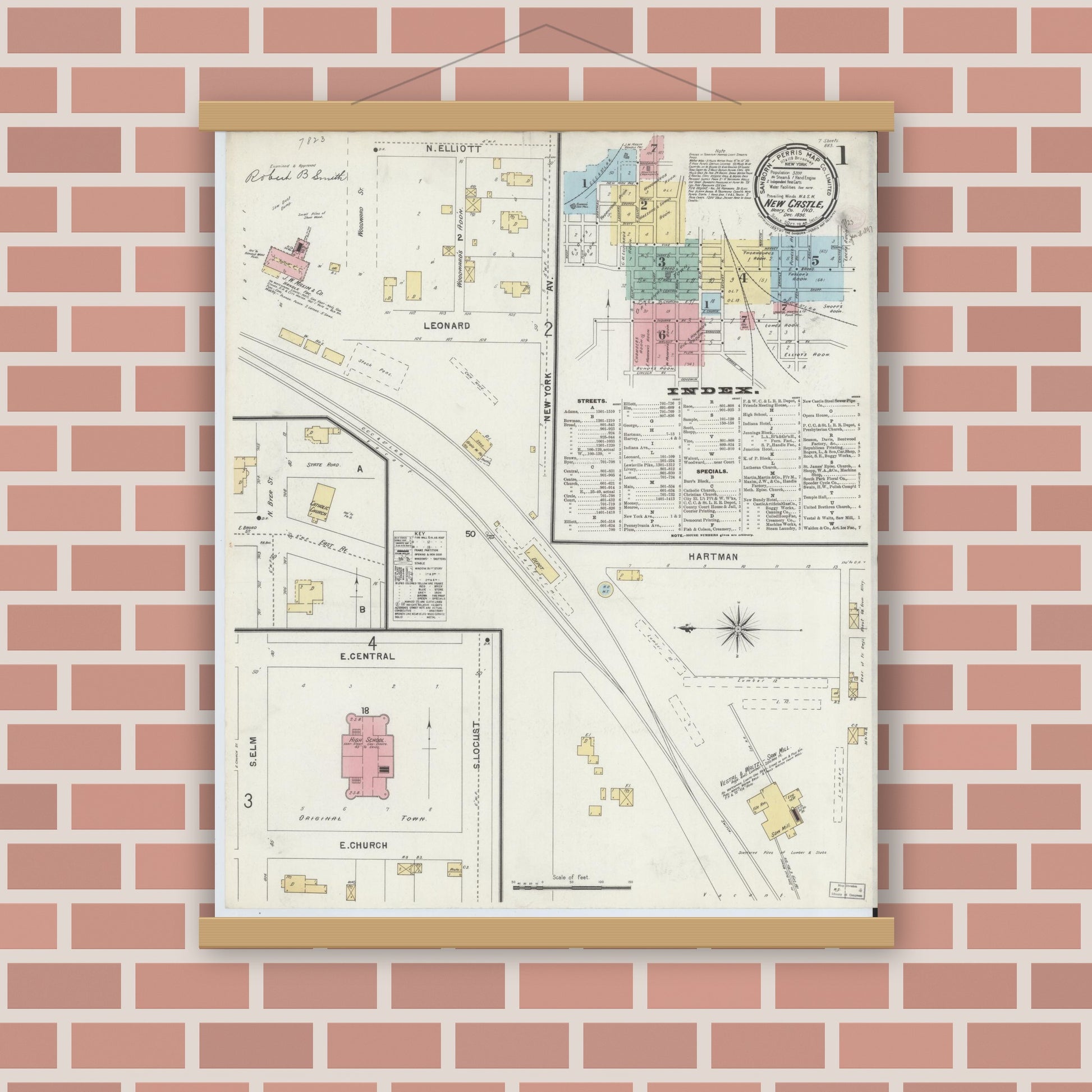 Old map wall art mockup — magnetic wood frame on brick wall — Sanborn Fire Insurance Map from New Castle, Henry County, Indiana (1896) - Complete Map Set