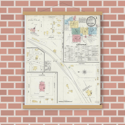 Old map wall art mockup — magnetic wood frame on brick wall — Sanborn Fire Insurance Map from New Castle, Henry County, Indiana (1896) - Complete Map Set