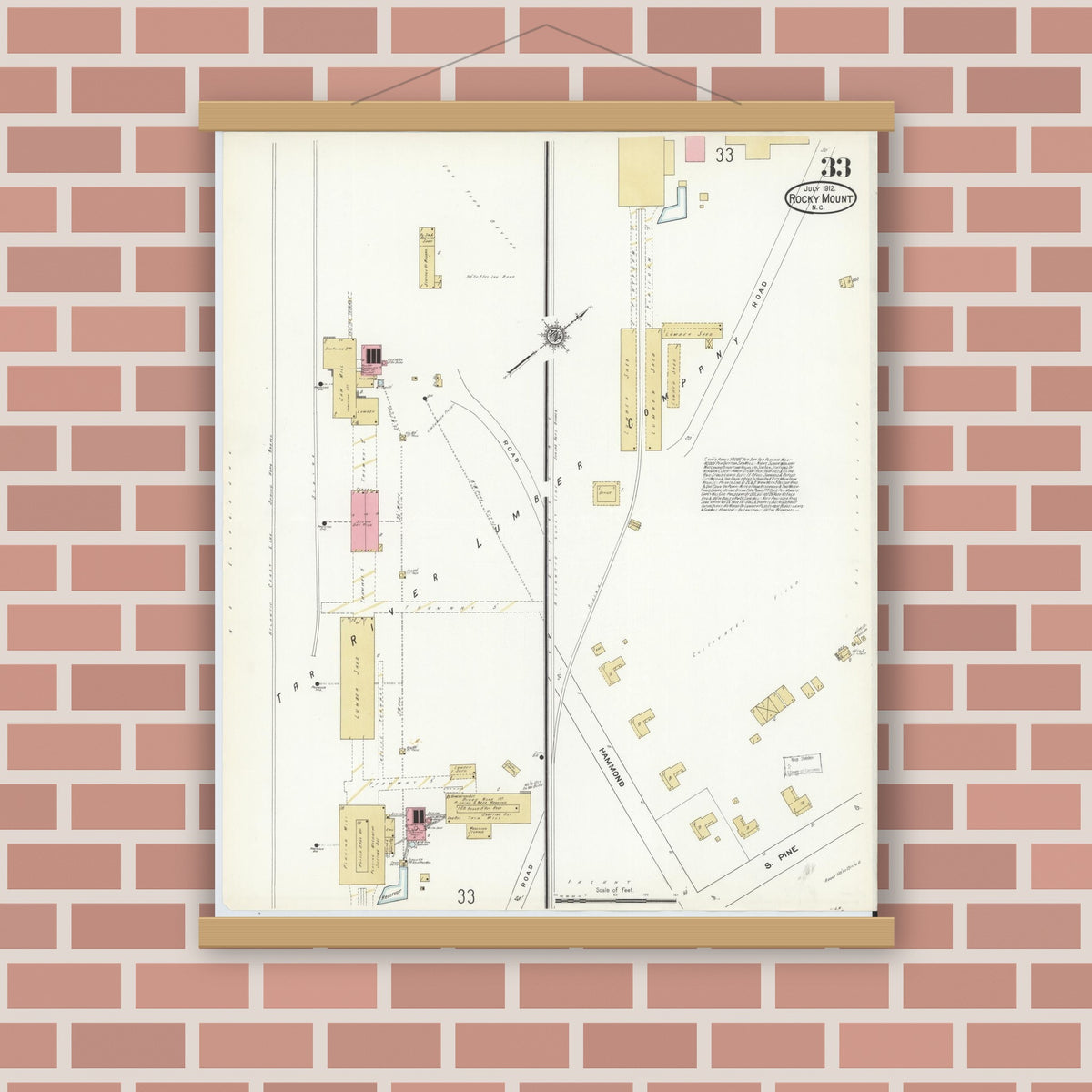 Old map wall art mockup — magnetic wood frame on brick wall — Sanborn Fire Insurance Map from Rocky Mount, Edgecombe And Nash Counties, North Carolina (1912), Sheet #0033