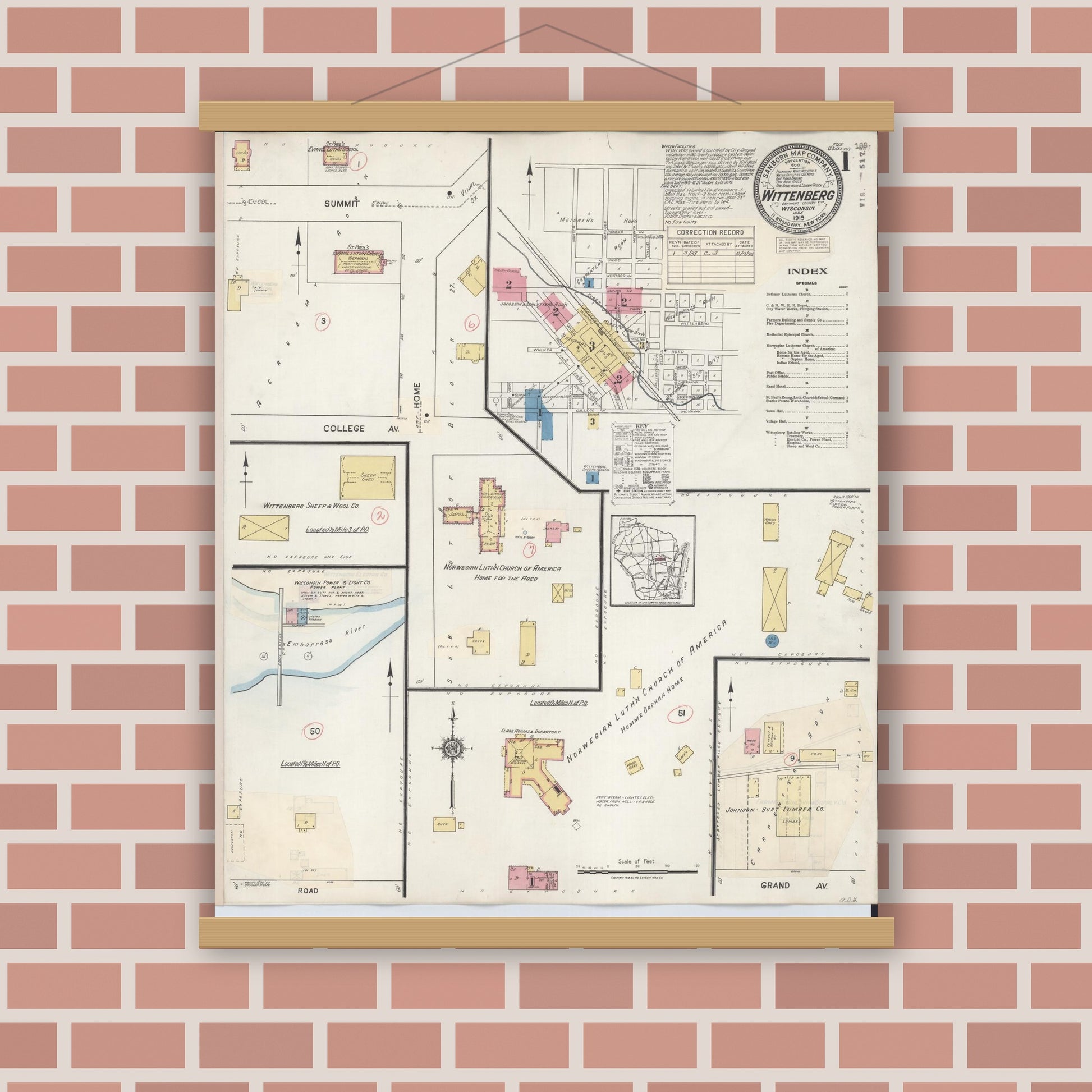 Old map wall art mockup — magnetic wood frame on brick wall — Sanborn Fire Insurance Map from Wittenberg, Shawano County, Wisconsin (1939) - Complete Map Set