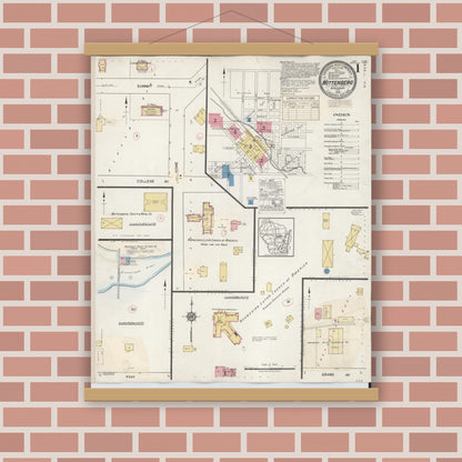 Old map wall art mockup — magnetic wood frame on brick wall — Sanborn Fire Insurance Map from Wittenberg, Shawano County, Wisconsin (1939) - Complete Map Set