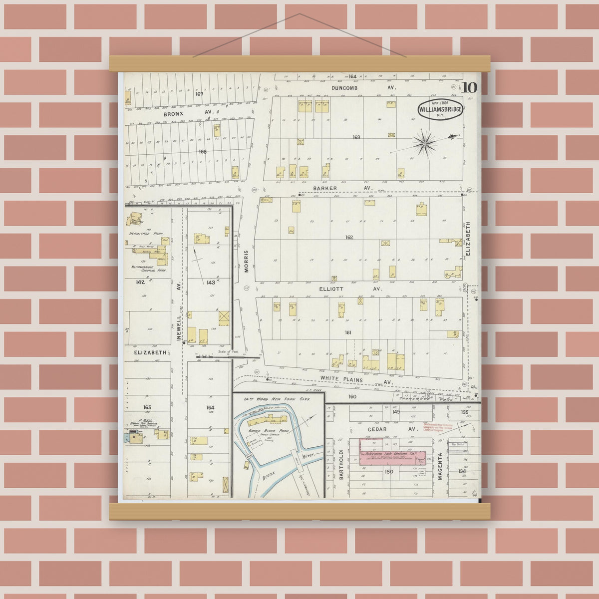 Old map wall art mockup — magnetic wood frame on brick wall — Sanborn Fire Insurance Map from Williamsbridge, Westchester County, New York (1895), Sheet #0010