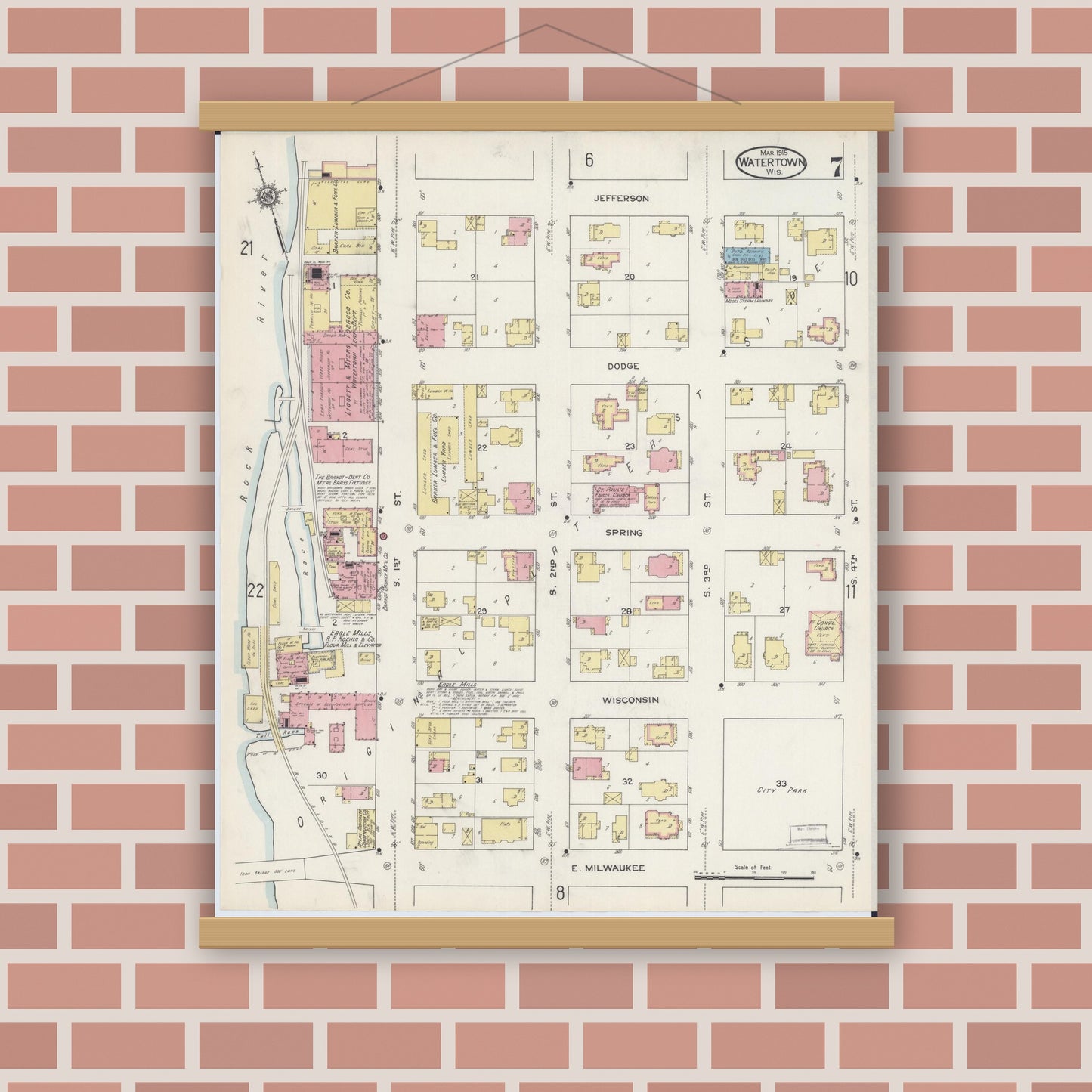 Old map wall art mockup — magnetic wood frame on brick wall — Sanborn Fire Insurance Map from Watertown, Jefferson County, Wisconsin (1915), Sheet #0008