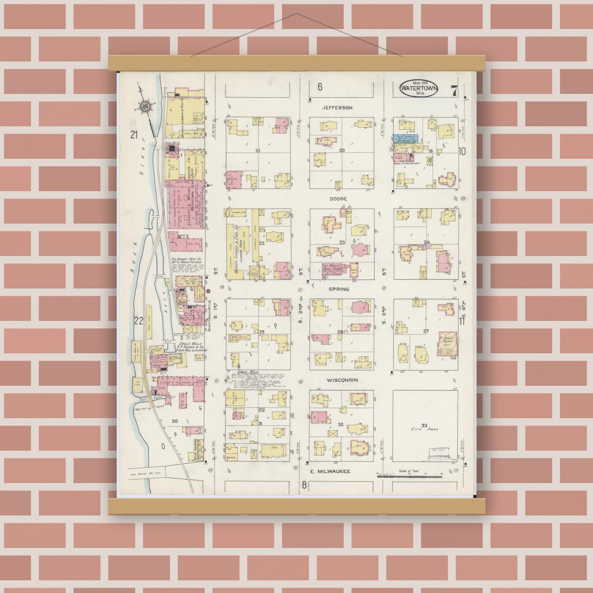 Old map wall art mockup — magnetic wood frame on brick wall — Sanborn Fire Insurance Map from Watertown, Jefferson County, Wisconsin (1915), Sheet #0008