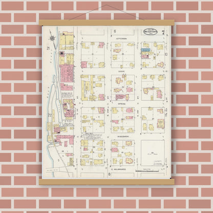 Old map wall art mockup — magnetic wood frame on brick wall — Sanborn Fire Insurance Map from Watertown, Jefferson County, Wisconsin (1915), Sheet #0008