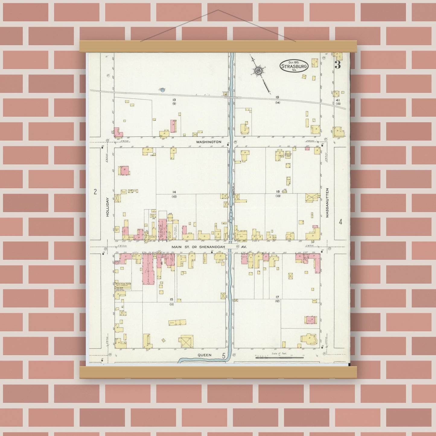 Old map wall art mockup — magnetic wood frame on brick wall — Sanborn Fire Insurance Map from Strasburg, Shenandoah County, Virginia (1915), Sheet #0003