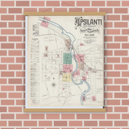 Old map wall art mockup — magnetic wood frame on brick wall — Sanborn Fire Insurance Map from Ypsilanti, Washtenaw County, Michigan (1888) - Complete Map Set