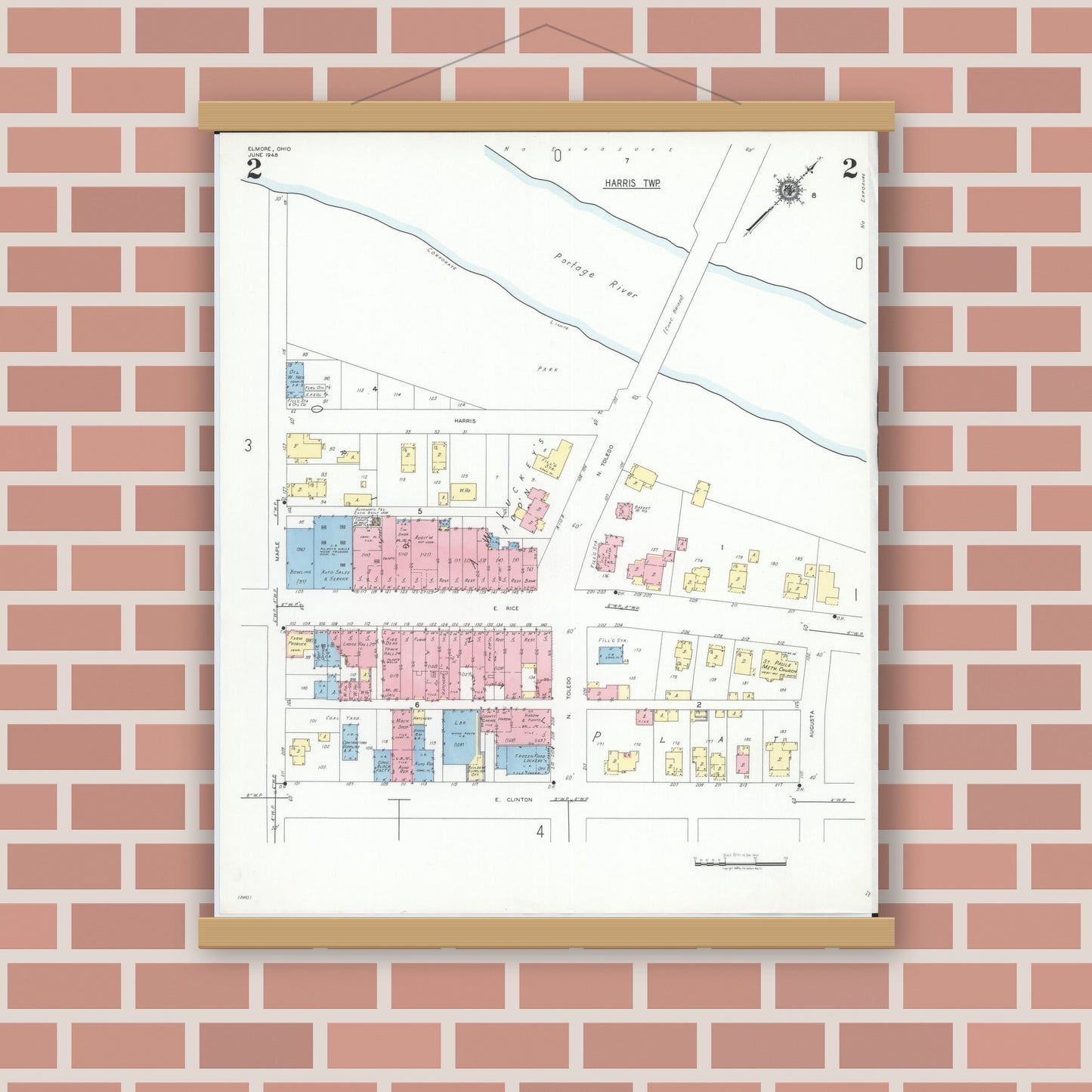 Old map wall art mockup — magnetic wood frame on brick wall — Sanborn Fire Insurance Map from Elmore, Ottawa County, Ohio (1948), Sheet #0002