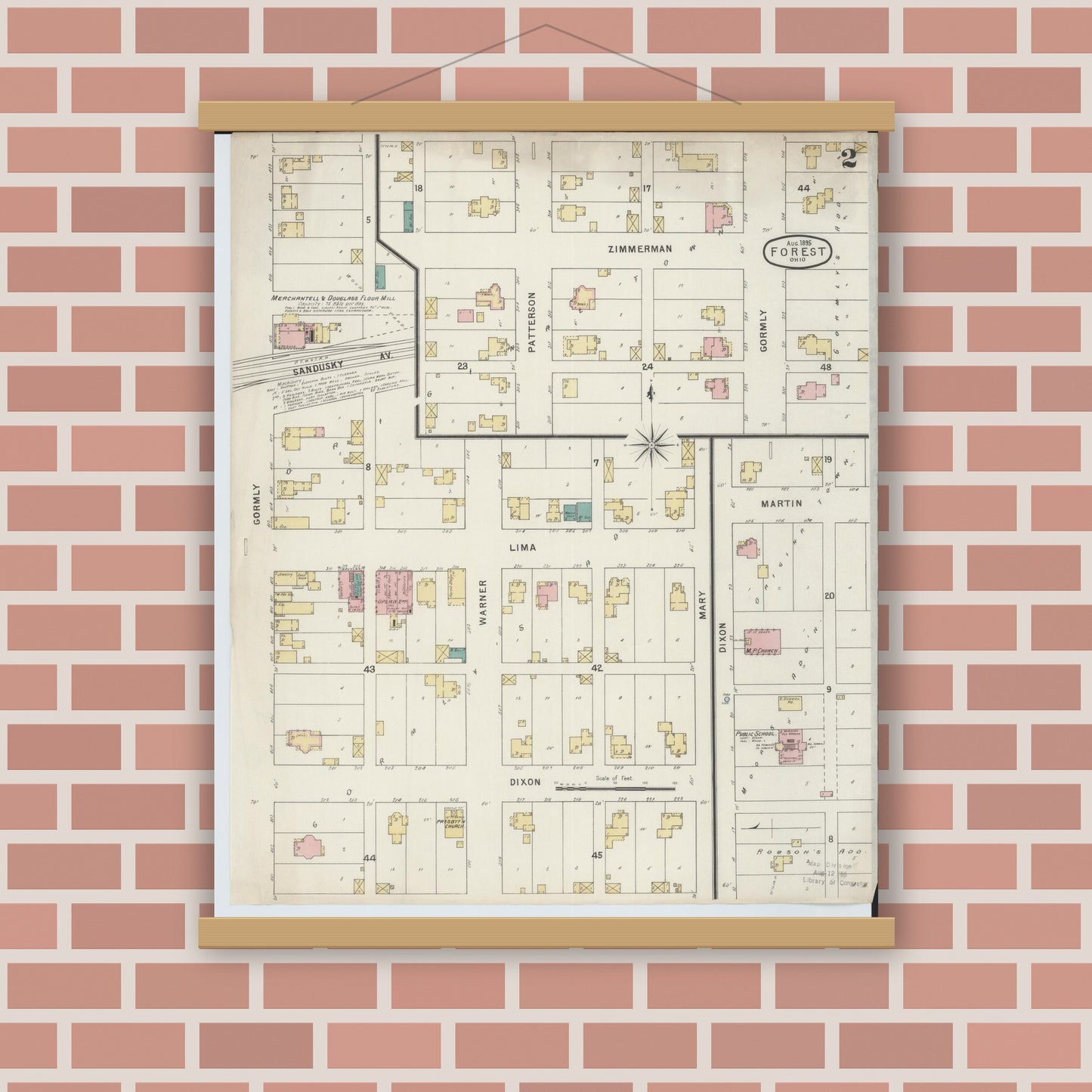 Old map wall art mockup — magnetic wood frame on brick wall — Sanborn Fire Insurance Map from Forest, Hardin County, Ohio (1895), Sheet #0002