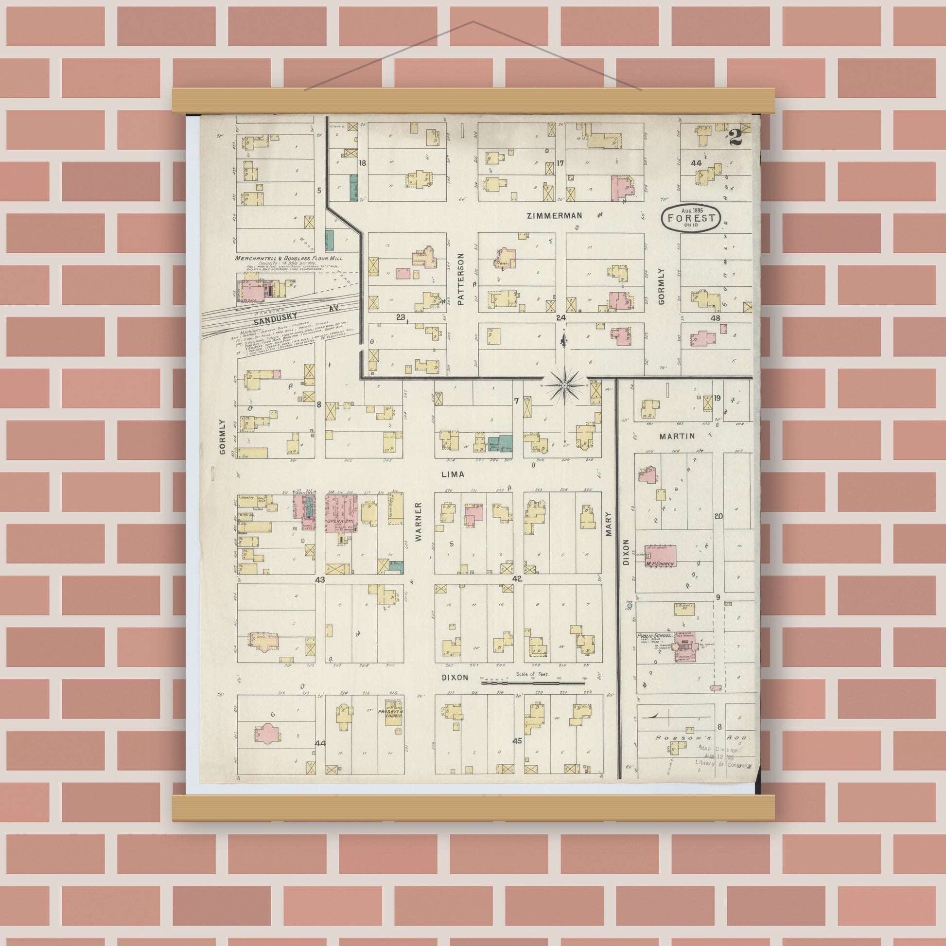Old map wall art mockup — magnetic wood frame on brick wall — Sanborn Fire Insurance Map from Forest, Hardin County, Ohio (1895), Sheet #0002