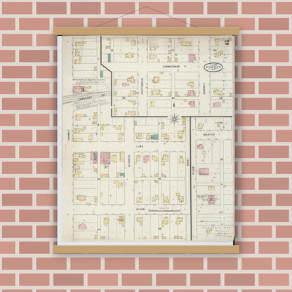Old map wall art mockup — magnetic wood frame on brick wall — Sanborn Fire Insurance Map from Forest, Hardin County, Ohio (1895), Sheet #0002
