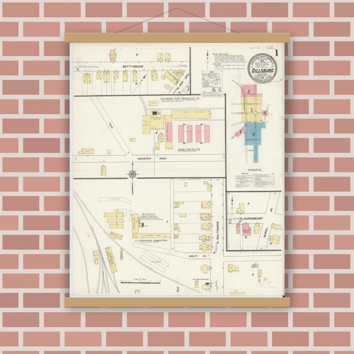 Old map wall art mockup — magnetic wood frame on brick wall — Sanborn Fire Insurance Map from Dillsburg, York County, Pennsylvania (1911), Sheet #0001