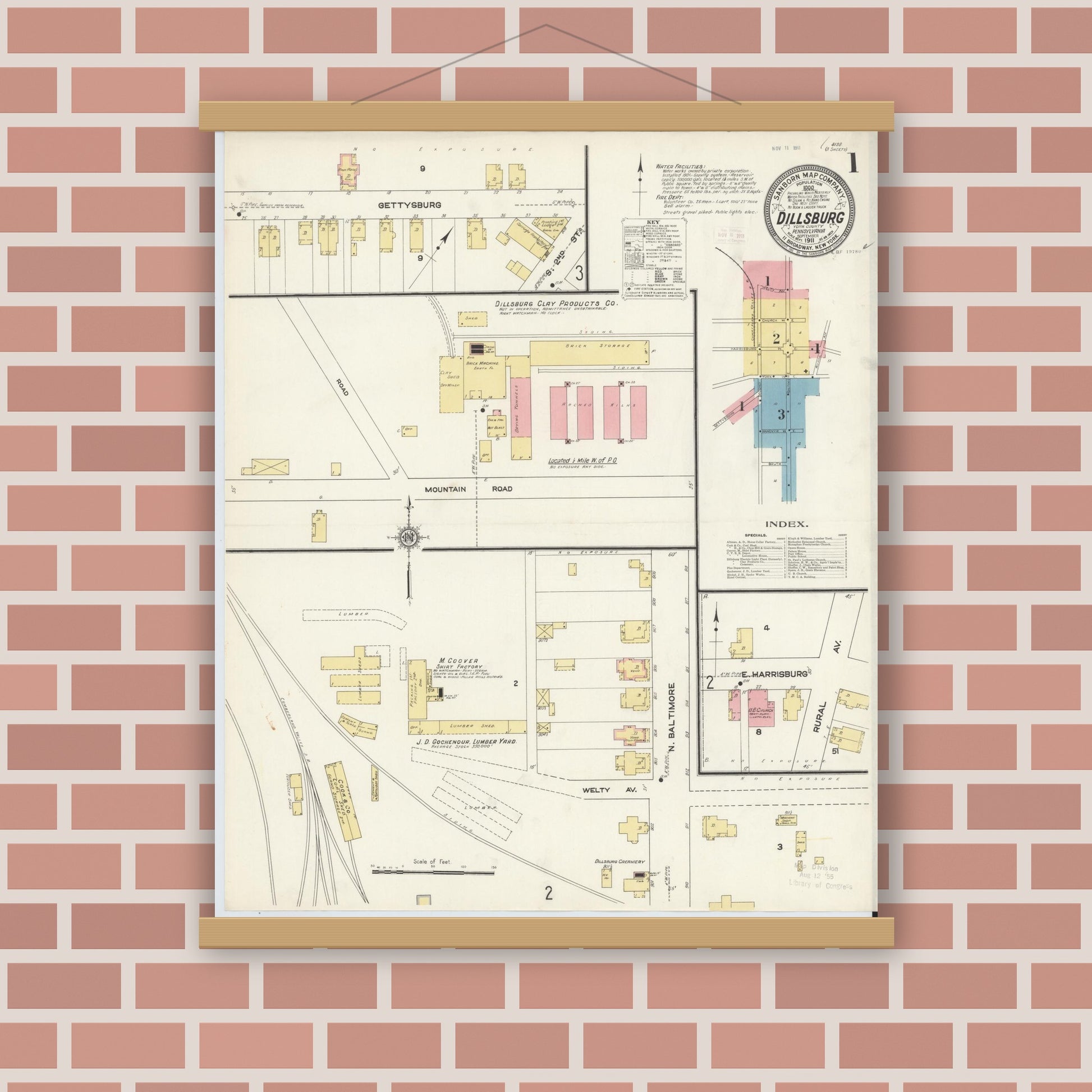 Old map wall art mockup — magnetic wood frame on brick wall — Sanborn Fire Insurance Map from Dillsburg, York County, Pennsylvania (1911), Sheet #0001