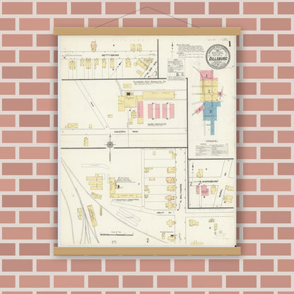 Old map wall art mockup — magnetic wood frame on brick wall — Sanborn Fire Insurance Map from Dillsburg, York County, Pennsylvania (1911), Sheet #0001