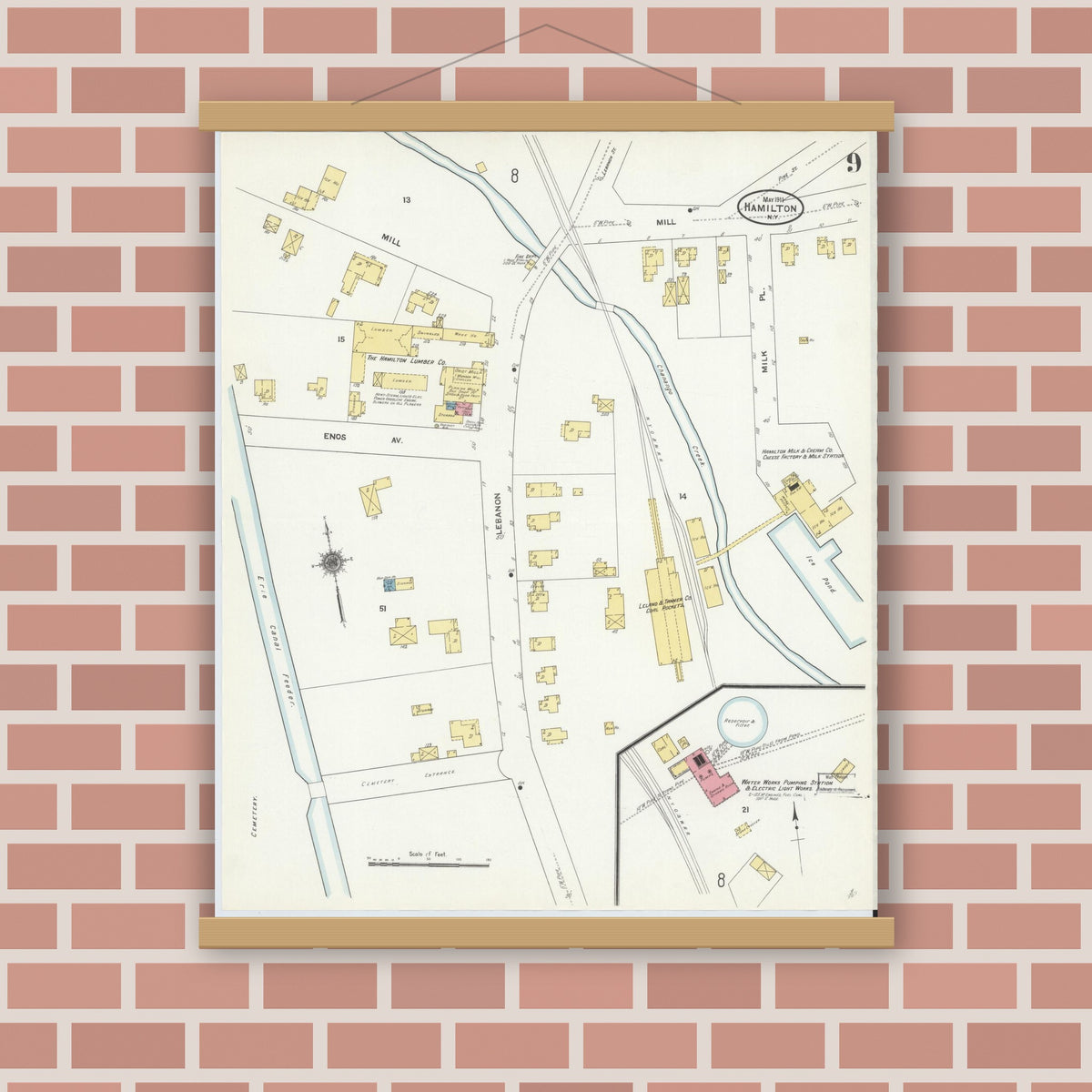 Old map wall art mockup — magnetic wood frame on brick wall — Sanborn Fire Insurance Map from Hamilton, Madison County, New York (1911), Sheet #0009
