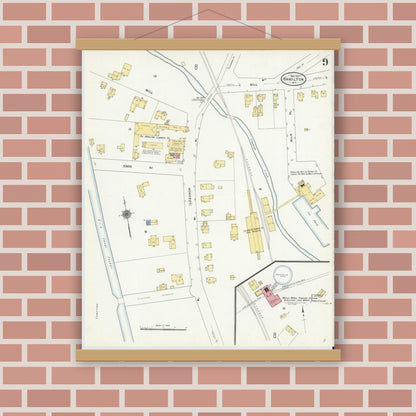 Old map wall art mockup — magnetic wood frame on brick wall — Sanborn Fire Insurance Map from Hamilton, Madison County, New York (1911), Sheet #0009