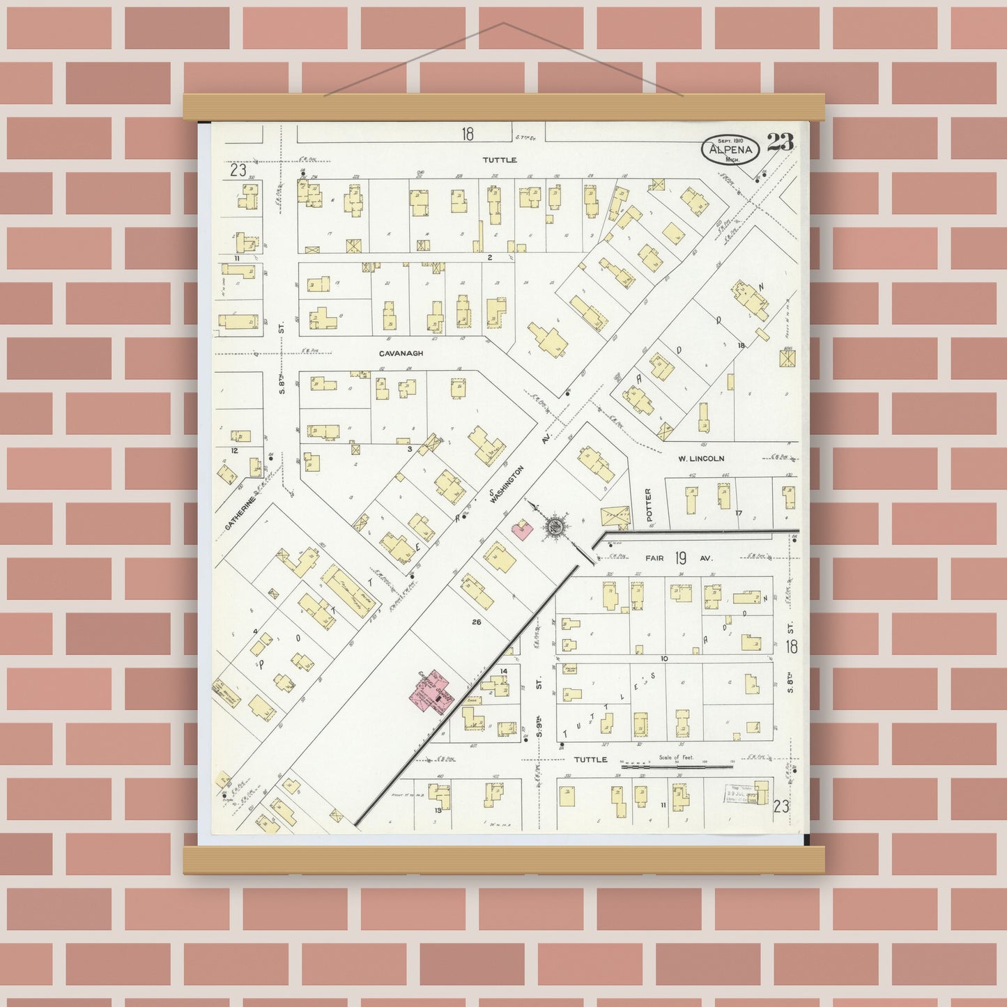 Old map wall art mockup — magnetic wood frame on brick wall — Sanborn Fire Insurance Map from Alpena, Alpena County, Michigan (1910), Sheet #0023
