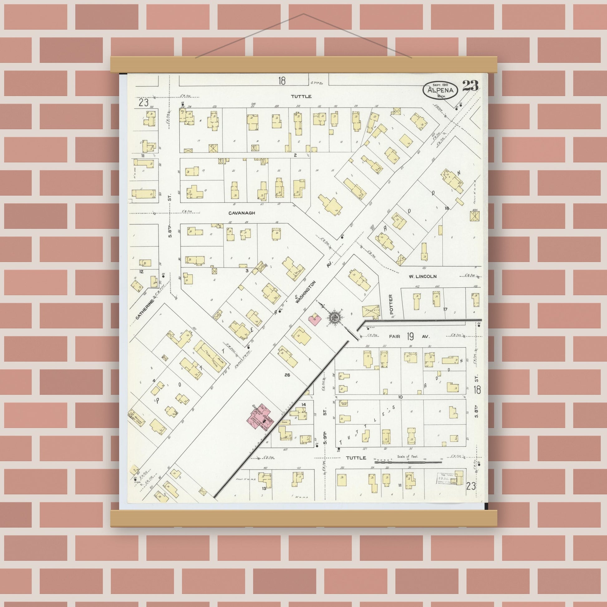 Old map wall art mockup — magnetic wood frame on brick wall — Sanborn Fire Insurance Map from Alpena, Alpena County, Michigan (1910), Sheet #0023