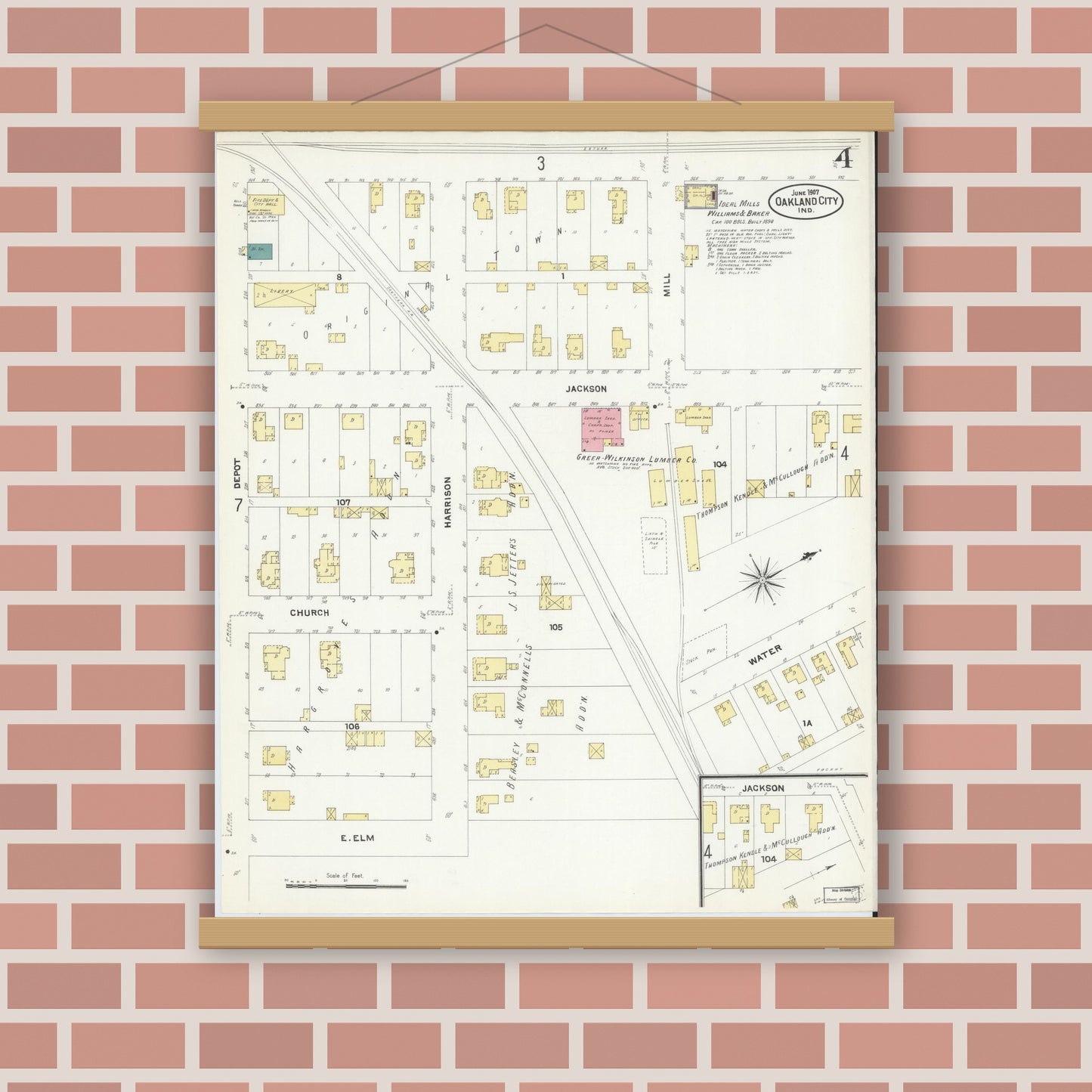 Old map wall art mockup — magnetic wood frame on brick wall — Sanborn Fire Insurance Map from Oakland City, Gibson County, Indiana (1907), Sheet #0004