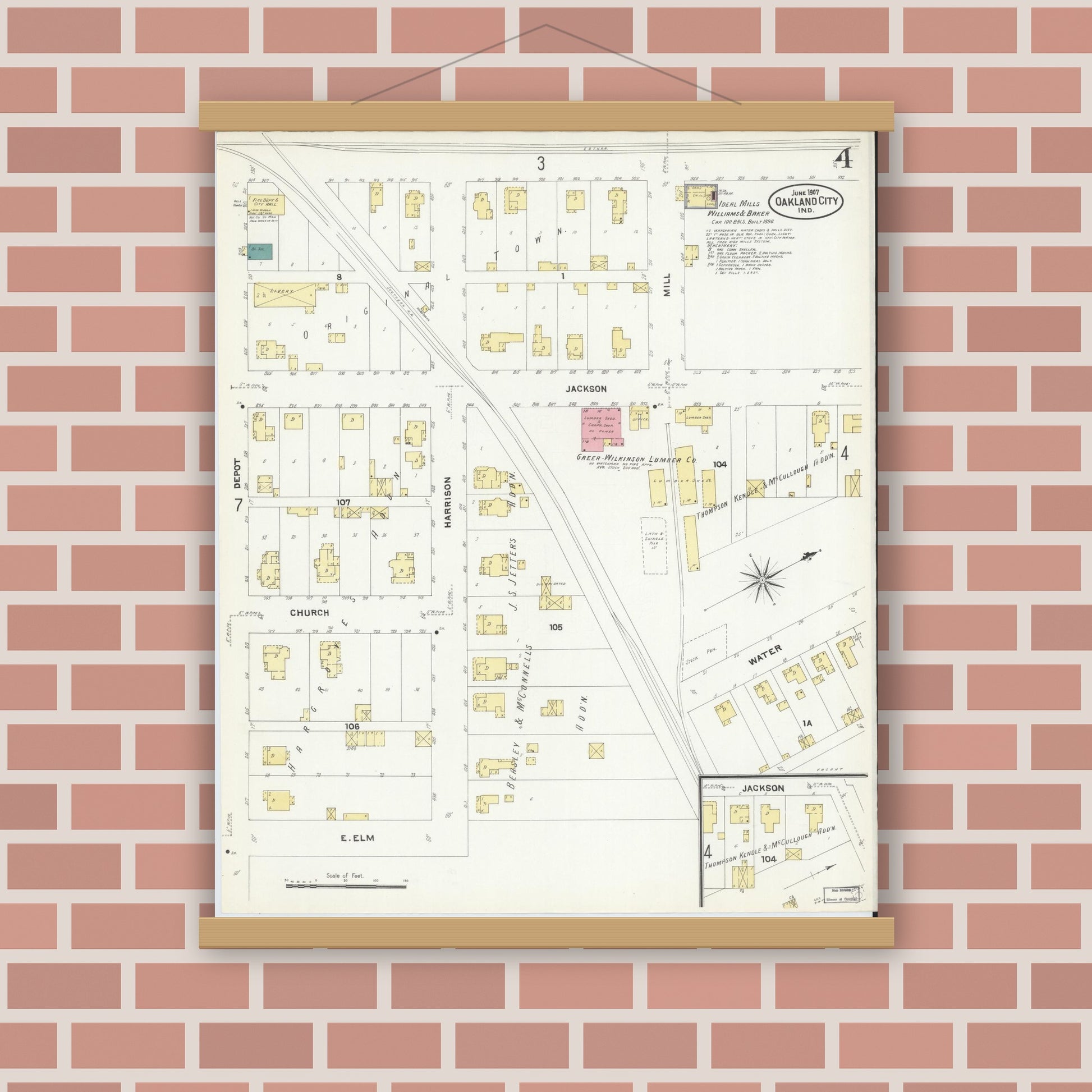 Old map wall art mockup — magnetic wood frame on brick wall — Sanborn Fire Insurance Map from Oakland City, Gibson County, Indiana (1907), Sheet #0004