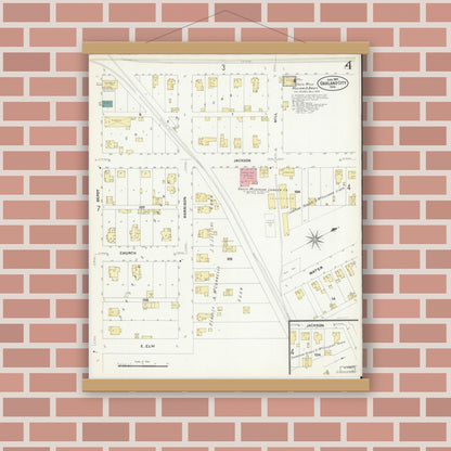 Old map wall art mockup — magnetic wood frame on brick wall — Sanborn Fire Insurance Map from Oakland City, Gibson County, Indiana (1907), Sheet #0004