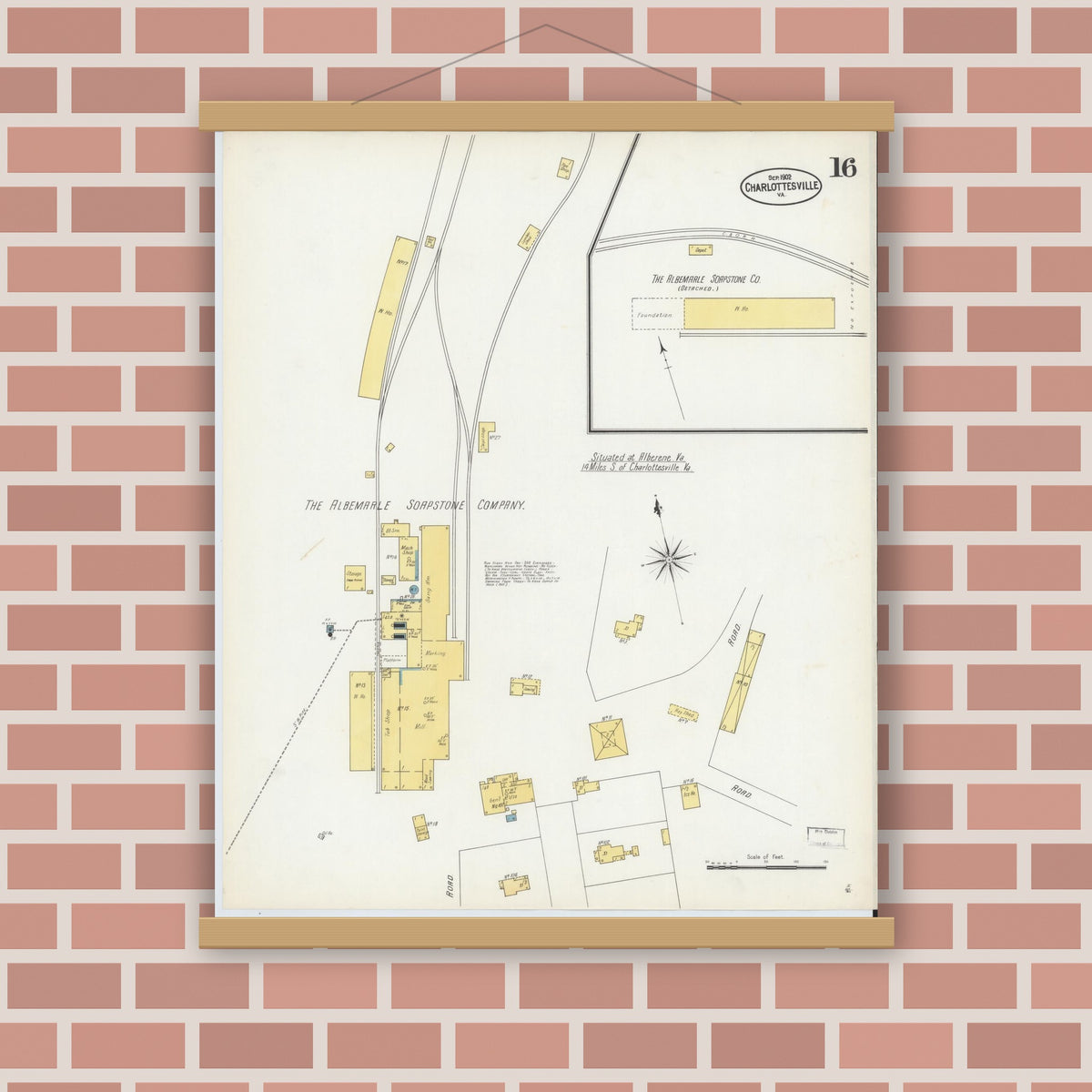 Old map wall art mockup — magnetic wood frame on brick wall — Sanborn Fire Insurance Map from Charlottesville, Independent Cities, Virginia (1902), Sheet #0016