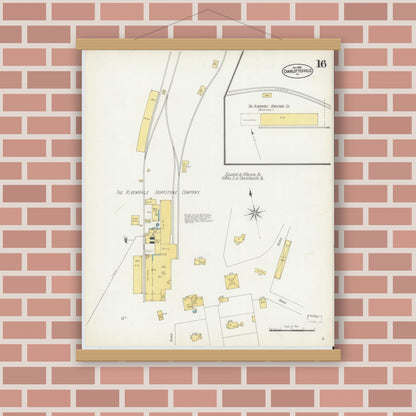 Old map wall art mockup — magnetic wood frame on brick wall — Sanborn Fire Insurance Map from Charlottesville, Independent Cities, Virginia (1902), Sheet #0016