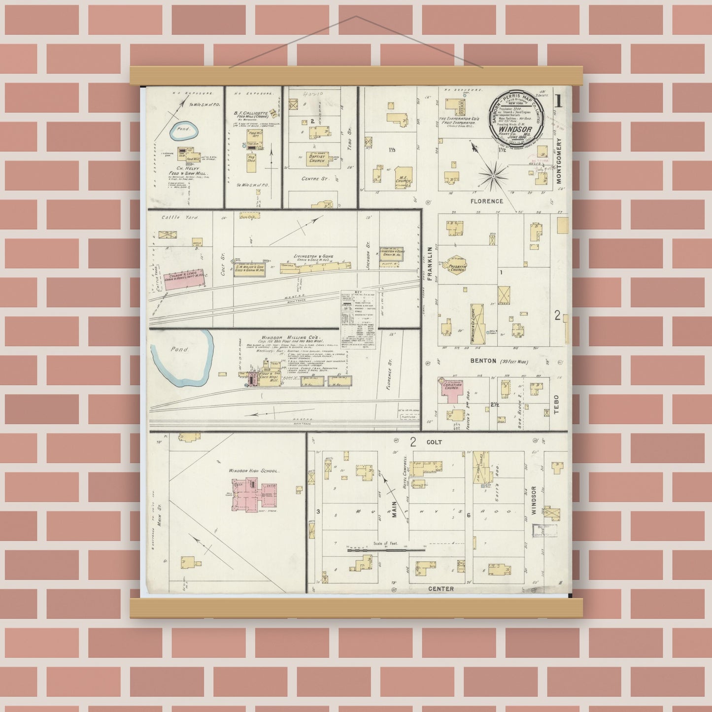 Old map wall art mockup — magnetic wood frame on brick wall — Sanborn Fire Insurance Map from Windsor, Henry County, Missouri (1896) - Complete Map Set
