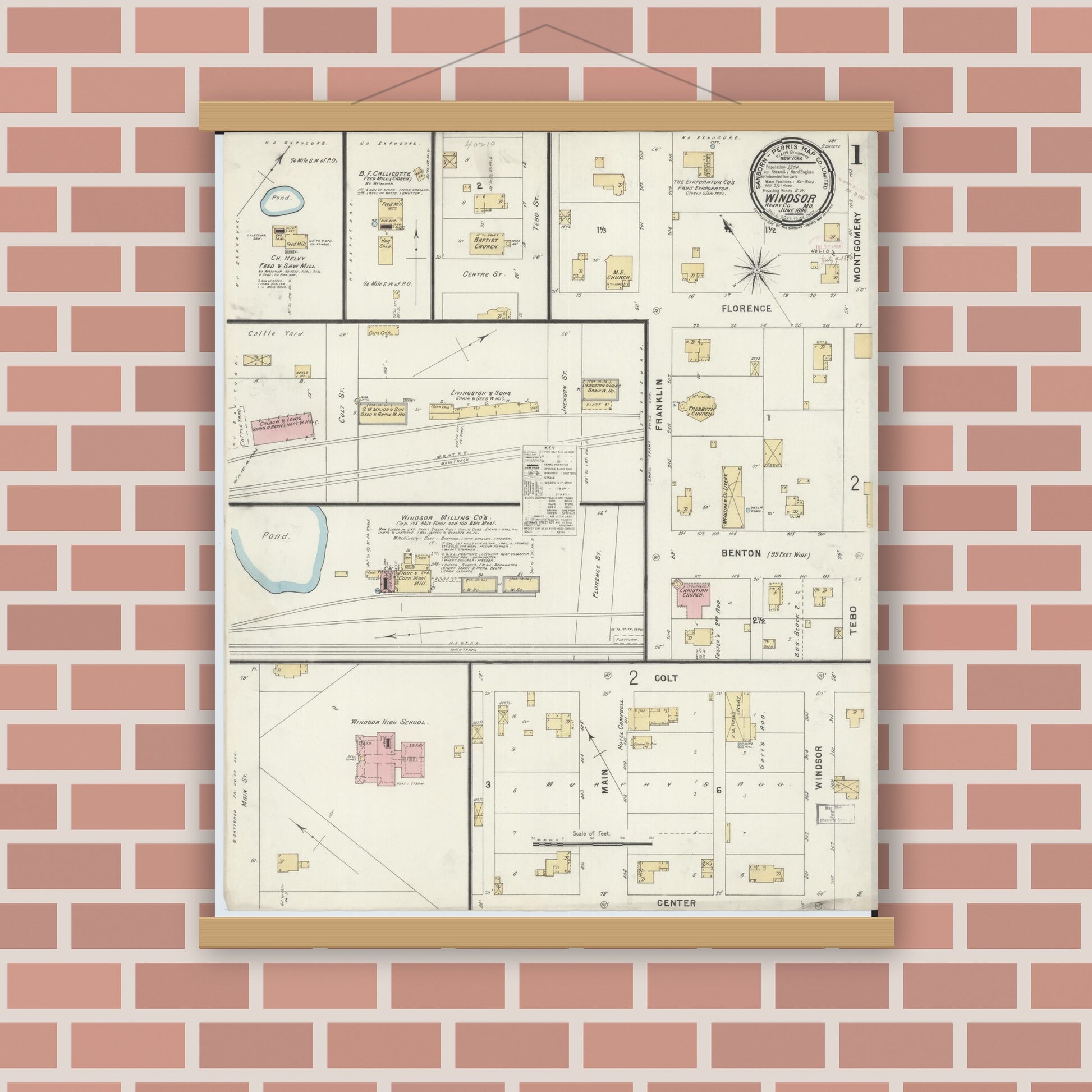Old map wall art mockup — magnetic wood frame on brick wall — Sanborn Fire Insurance Map from Windsor, Henry County, Missouri (1896) - Complete Map Set