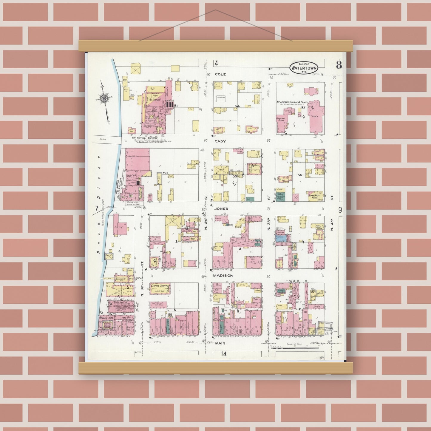 Old map wall art mockup — magnetic wood frame on brick wall — Sanborn Fire Insurance Map from Watertown, Jefferson County, Wisconsin (1909), Sheet #0008