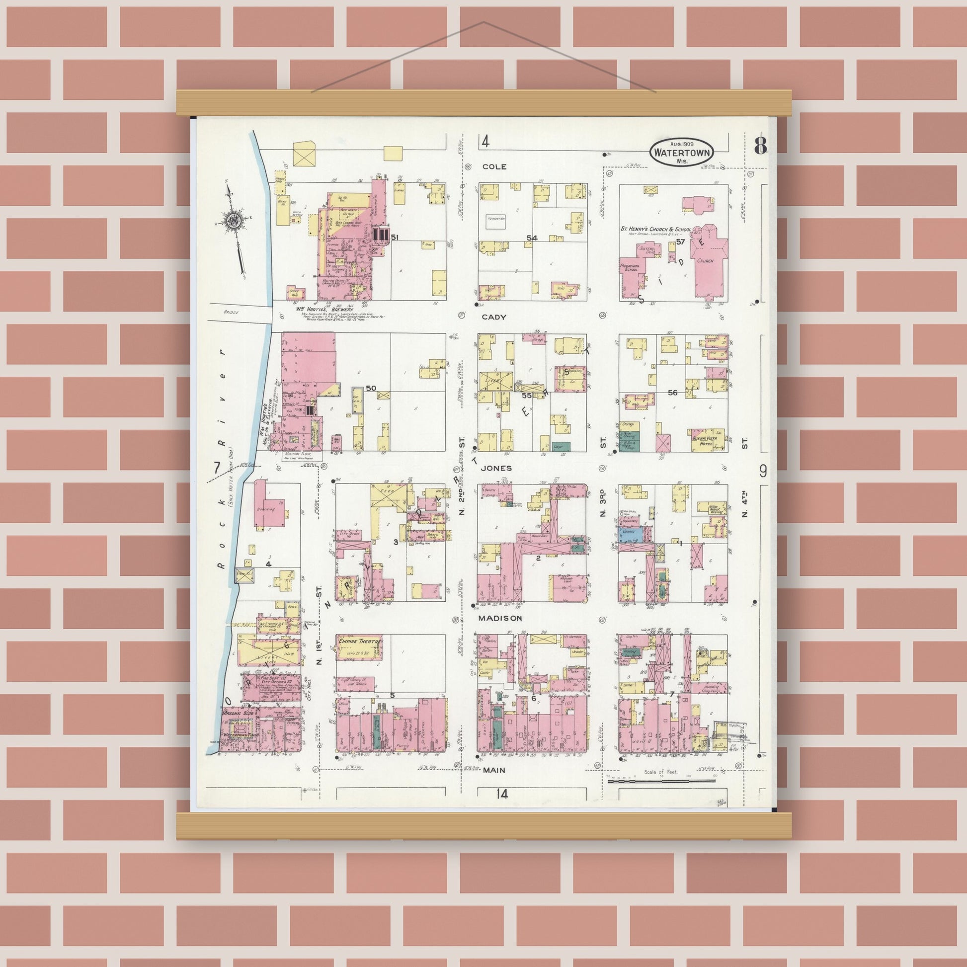 Old map wall art mockup — magnetic wood frame on brick wall — Sanborn Fire Insurance Map from Watertown, Jefferson County, Wisconsin (1909), Sheet #0008