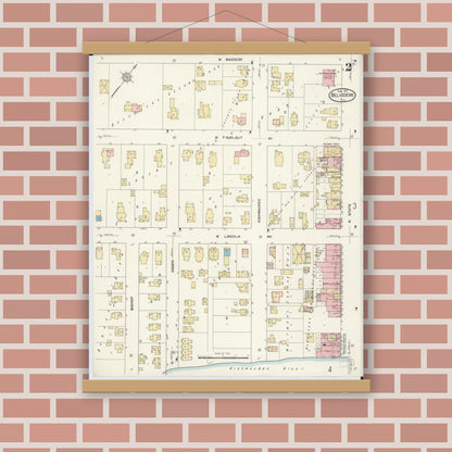 Old map wall art mockup — magnetic wood frame on brick wall — Sanborn Fire Insurance Map from Belvidere, Boone County, Illinois (1912), Sheet #0002