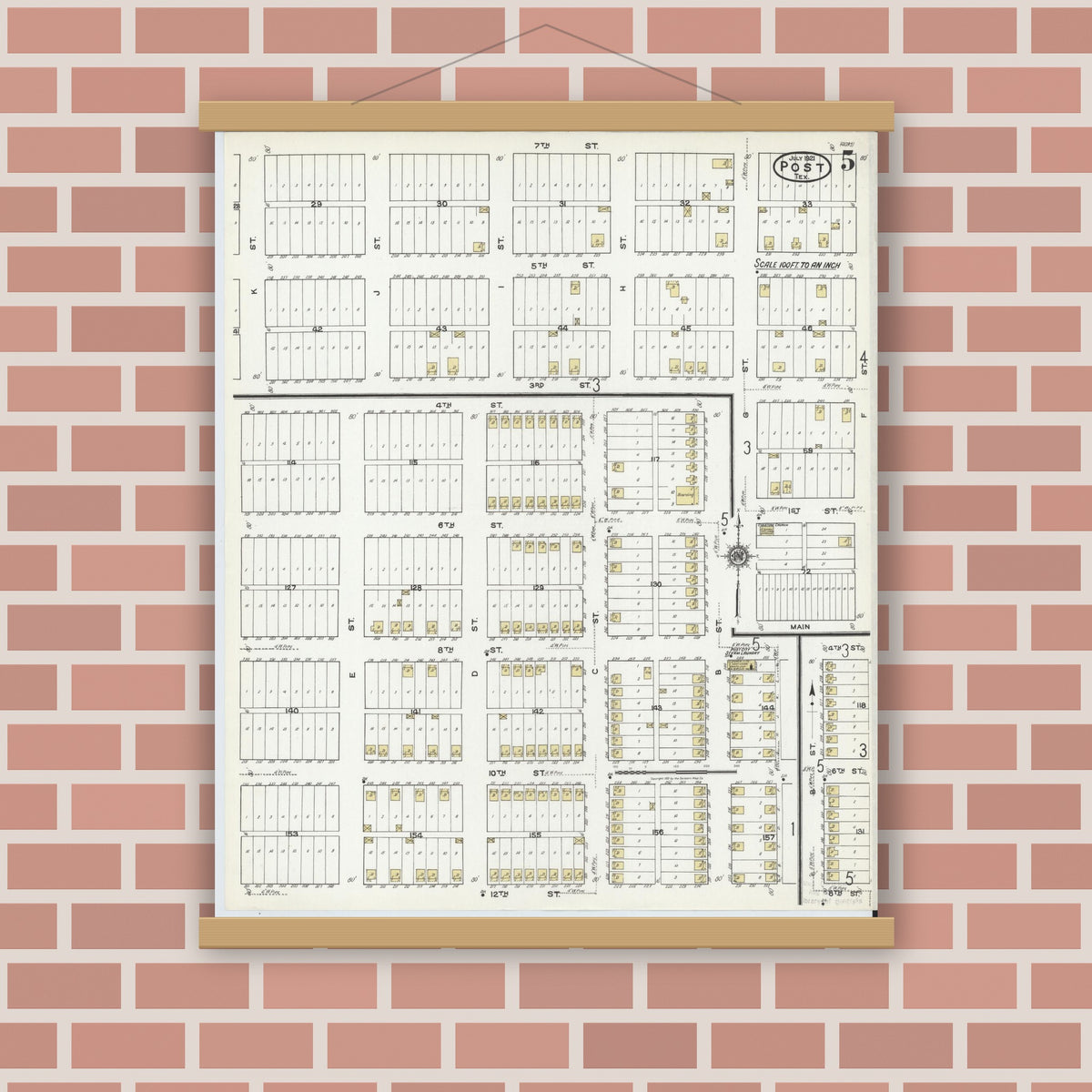 Old map wall art mockup — magnetic wood frame on brick wall — Sanborn Fire Insurance Map from Post, Garza County, Texas (1921), Sheet #0005