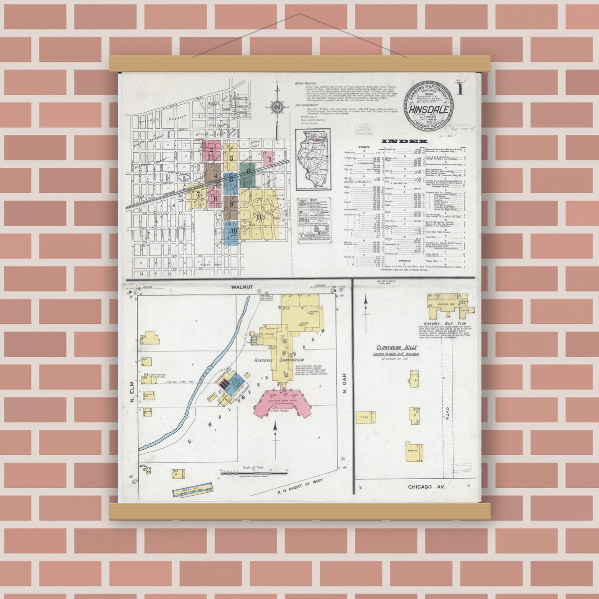 Old map wall art mockup — magnetic wood frame on brick wall — Sanborn Fire Insurance Map from Hinsdale, Du Page And Cook Counties, Illinois (1919) - Complete Map Set