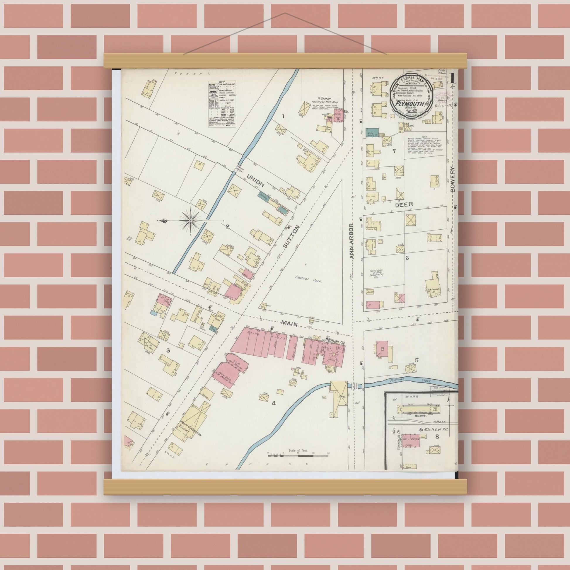 Old map wall art mockup — magnetic wood frame on brick wall — Sanborn Fire Insurance Map from Plymouth, Wayne County, Michigan (1893) - Complete Map Set
